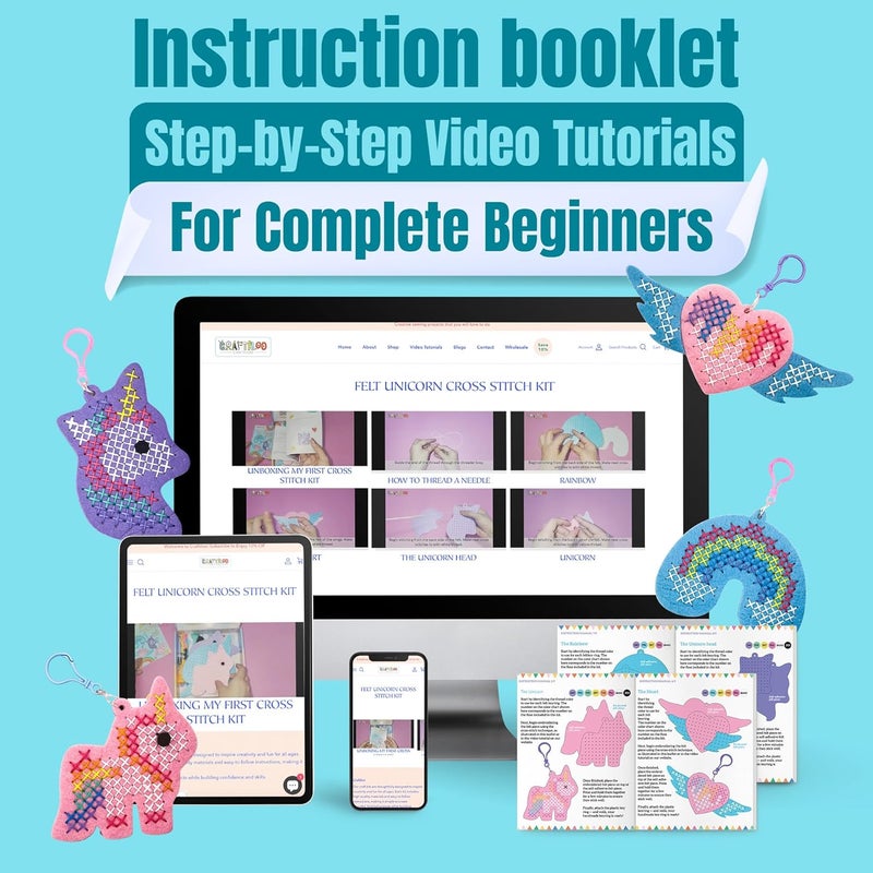 CRAFTILOO My First Cross Stitch Kit for Kids Ages 6–12 – Beginner Needlepoint Set with Pre-Cut Felt, Thread & Keyrings – Makes 4 Colorful Designs: Unicorn, Rainbow, Winged Heart - Image 5